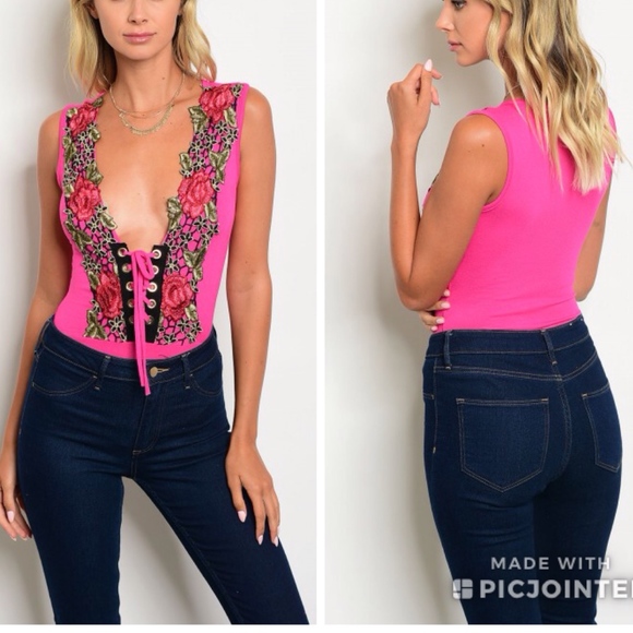 Sexy & Flirty Fuchsia floral lace up Body suit. - Picture 6 of 8